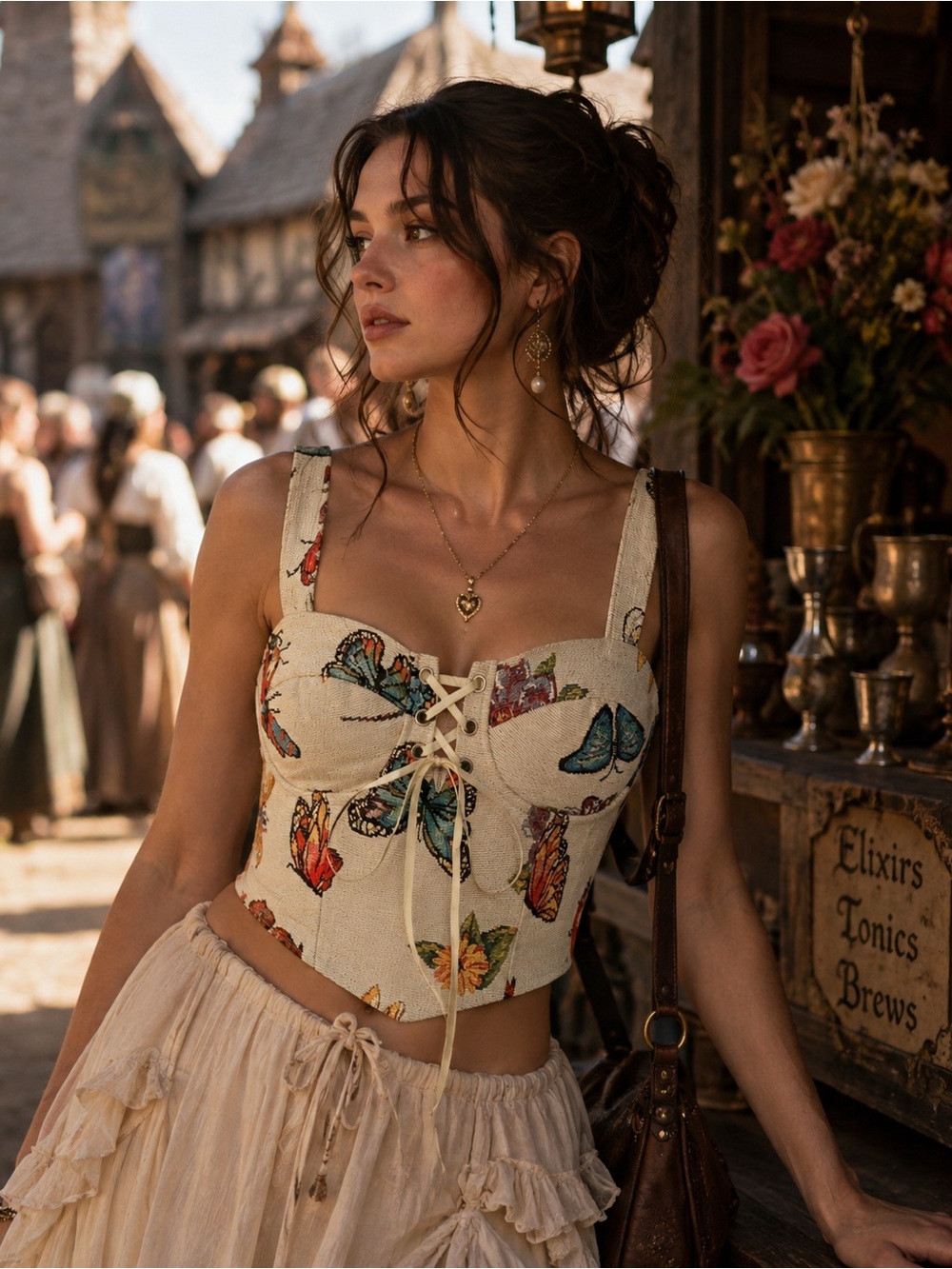 Cider Colorful Butterfly Lace Up Crop Tank Top